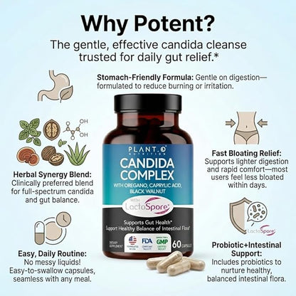 Candida Cleanse Supplement, Yeast Cleanse & Candida Support with Probiotics (LactoSpore®), Oregano Oil, Caprylic Acid, Black Walnut – Gut Health, Digestive Cleanse, Flora Balance – 60 Capsules