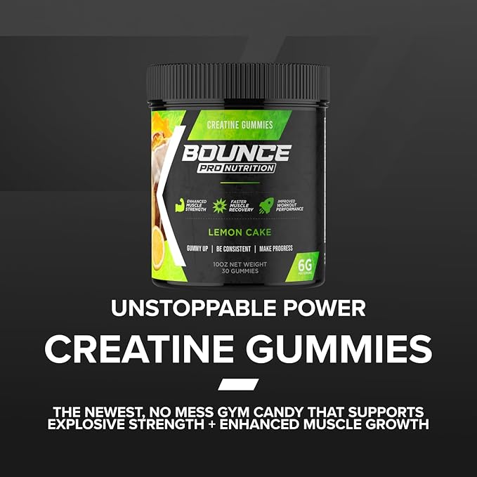 Bounce Pro Creatine Monohydrate Gummies for Men & Women, Low Calorie, 6G of Creatine per Serving, Vegan, Anti-Melting, Gluten-Free, Non-GMO (30 Count (Pack of 1), Lemon Cake)