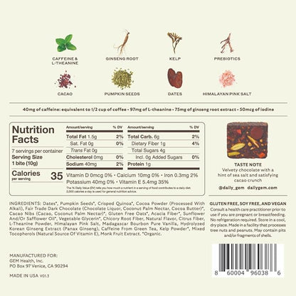 GEM Energy Caffeinated Chocolate Bite | Holistic Sustained Energy | Supports Metabolism, Stamina & Endurance | 40mg Caffeine, Ginseng Root, L-Theanine | Chocolate Cacao Sea Salt | 7 Servings