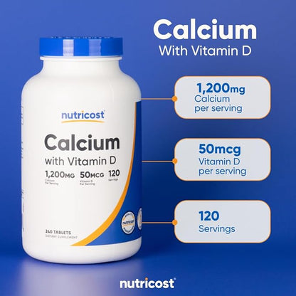 Nutricost Calcium with Vitamin D, 240 Tablets - Calcium (1200mg) Vitamin D (50mcg) Per Serving - Non-GMO, Gluten Free (Pack of 2)