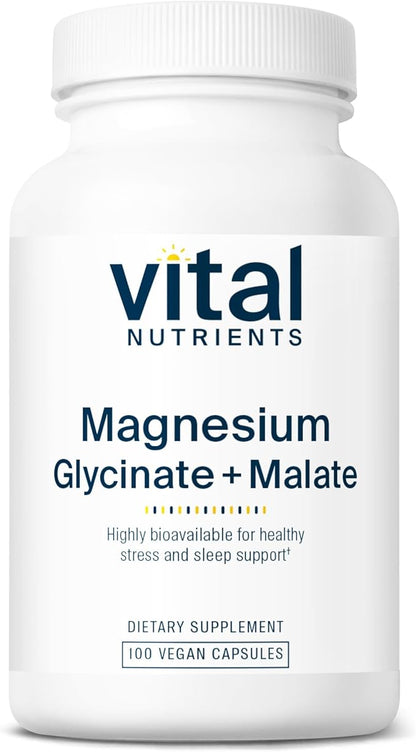 Vital Nutrients Magnesium Glycinate + Malate - 120mg Vegan Magnesium Supplement for Women and Men - Muscle, Heart, Bone Support* - Promotes Relaxation - Gluten, Dairy and Soy Free - 100 Capsules