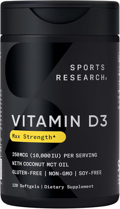 Sports Research® Vitamin D3 10,000iu (250mcg) with Coconut MCT Oil - Max Strength Vitamin D Supplement - Gluten Free · Non-GMO · Soy Free - 120 Count Softgels