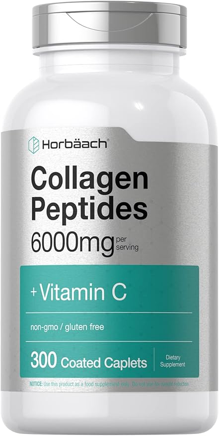 Horbäach Collagen Peptides 6000mg | 300 Caplet Pills | with Vitamin C | Hydrolyzed Collagen Supplement | Non-GMO, Gluten Free