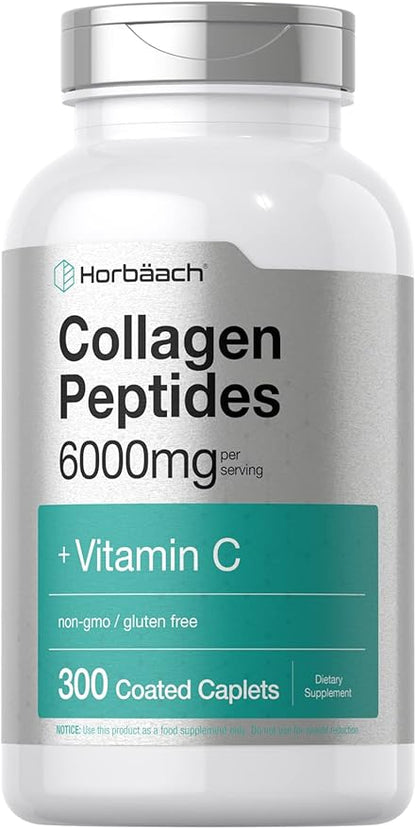 Horbäach Collagen Peptides 6000mg | 300 Caplet Pills | with Vitamin C | Hydrolyzed Collagen Supplement | Non-GMO, Gluten Free