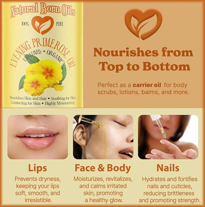 Natural Born Oils 4oz Evening Primrose Oil, 100% Pure and Natural, Organic, Cold-pressed, Unrefined, Moisturizing, Includes Pump & Dropper