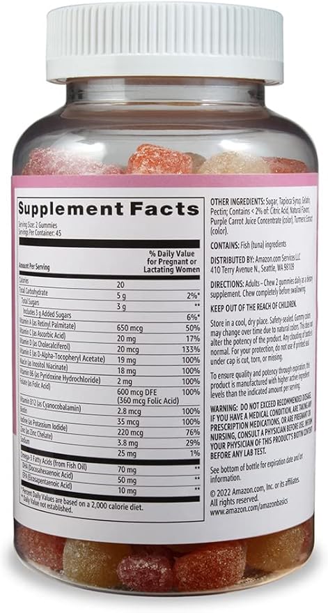 Amazon Basics Prenatal & DHA Gummy, Rasberry & Lemon Flavor, 90 Count (Previously Solimo)