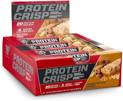 BSN Protein Crisp Bar, Peanut Butter Crunch, 20 Gram Protein Snack Bars with Whey and Fiber, Gluten-Free Crunchy Energy Bars for Workout, Fitness, On-the-Go, 12 Count