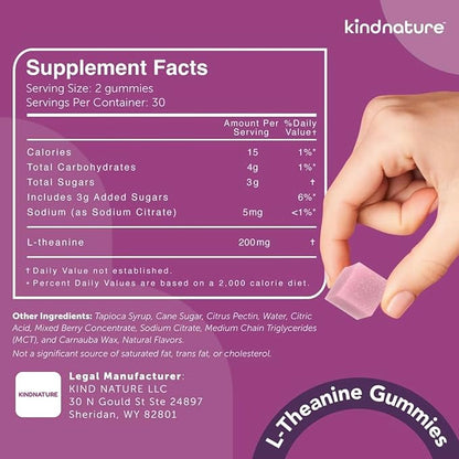 kindnature L-Theanine Gummies 200mg – Calm & Focus Supplement for Adults & Kids Ages 4+ – Stress Support, Mental Clarity & Non-Drowsy Relaxation – Vegan, Mixed Berry, Non-GMO