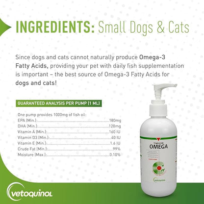 Vetoquinol Triglyceride Liquid Omega 3 Supplement for Dogs & Cats, Liquid Fish Oil Supplement w/EPA and DHA, Promotes Skin, Coat, Joint, & Immune Health, Omega 3 Fish Oil for Dogs & Cats, 8oz, 2 Pack