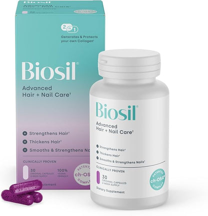 Biosil Advanced Hair + Nail Care - 30 Capsules - Grow, Strengthen & Thicken Hair and Nails - with Patented ch-OSA & Biotin - 15-Day Supply