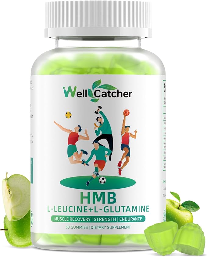 HMB and Leucine Amino Acid Gummies: HMB Supplements for Men Women with L-Glutamine for Muscle Growth Fast Workout Recovery, Sugar Free Vegan Non-GMO Green Apple Flavored 30 Day Supply