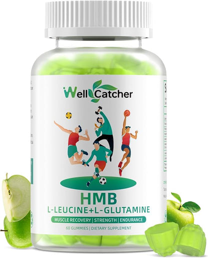 HMB and Leucine Amino Acid Gummies: HMB Supplements for Men Women with L-Glutamine for Muscle Growth Fast Workout Recovery, Sugar Free Vegan Non-GMO Green Apple Flavored 30 Day Supply