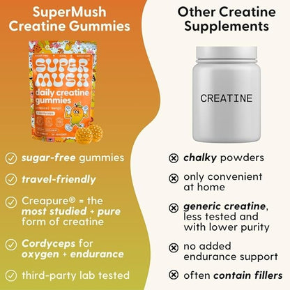 SuperMush Daily Creatine Gummies with Cordyceps - Daily Superfood - Sugar Free Creatine Monohydrate Supplement for Strength, Focus, and Recovery – Vegan Gummy Formula, Mango Flavor, 20-Day Supply