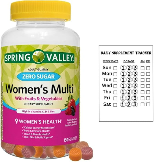 Spring Valley Zero Sugar Women's Multi Gummy, 150 Count, Pack 01 + Daily Supplement Tracker Sticker