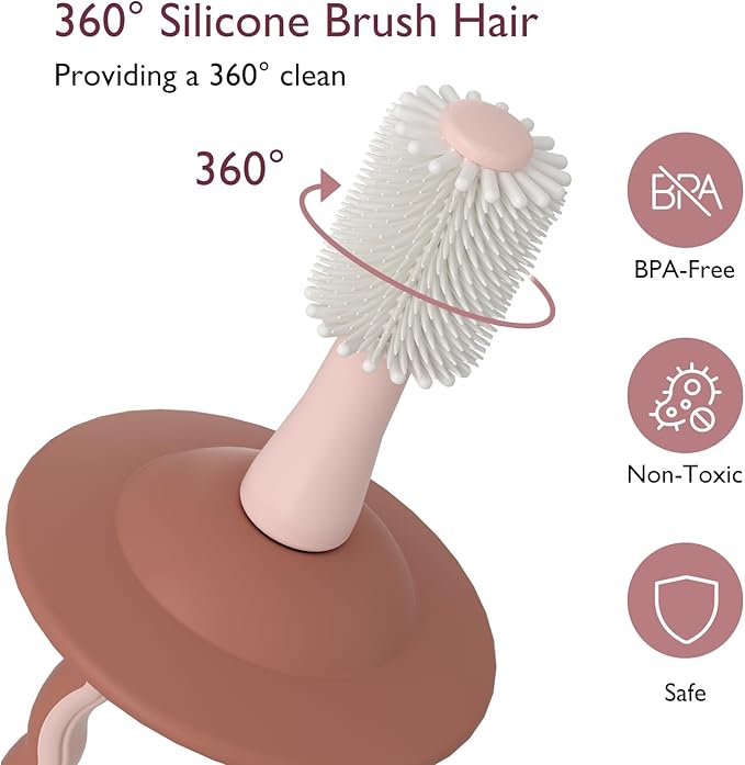 Momcozy Baby Toothbrush, 360° Tooth Brush for Infant, Ultrasoft Toddler Toothbrush with Suction Base, Baby Oral Cleaner, Infant Tongue Cleaner, Pink