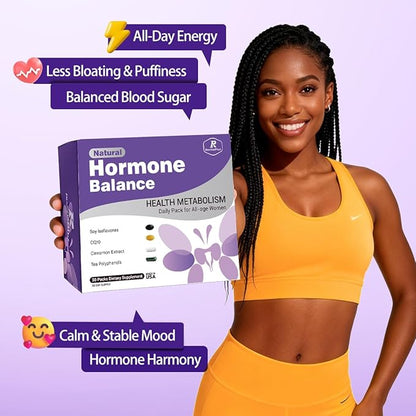 Natural Hormone Balance for Women, Menopause Supplements for Women with Evening Primrose Oil,CoQ10,Soy Isoflavones, Daily Pack Supports Peri+Menopause+Post, PMS,Metabolism,Mood,Energy 30Packs