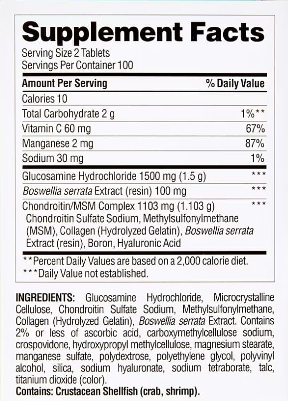 berkley jensen Triple Strength Glucosamine Chondroitin MSM Boswellia Complex 2703 mg, Joint Support Supplement for Women & Men, NSF Certified, 200 Tablets (Pack of 1)