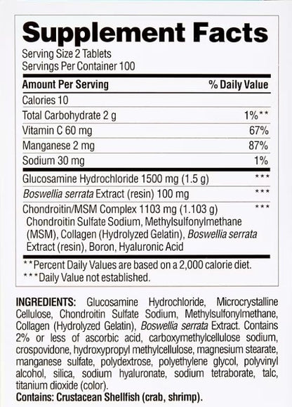 berkley jensen Triple Strength Glucosamine Chondroitin MSM Boswellia Complex 2703 mg, Joint Support Supplement for Women & Men, NSF Certified, 200 Tablets (Pack of 1)