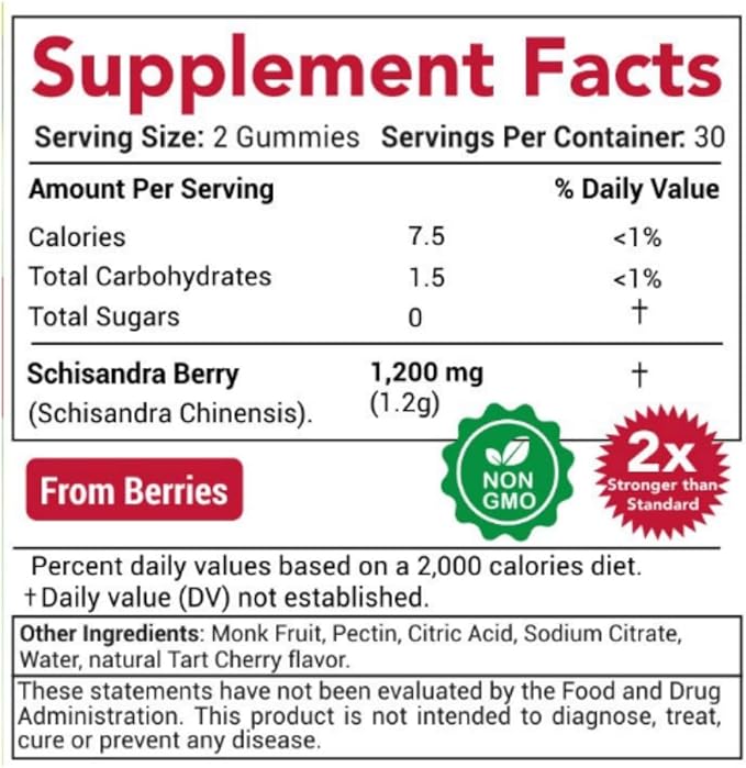 Schisandra Supplement 1200mg | 50x Regular Strength Schisandra Whole Berry | Vegan Sugar Free Cherry Flavor 60 Gummies