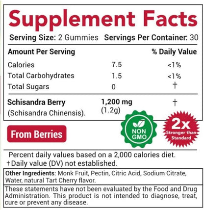 Schisandra Supplement 1200mg | 50x Regular Strength Schisandra Whole Berry | Vegan Sugar Free Cherry Flavor 60 Gummies