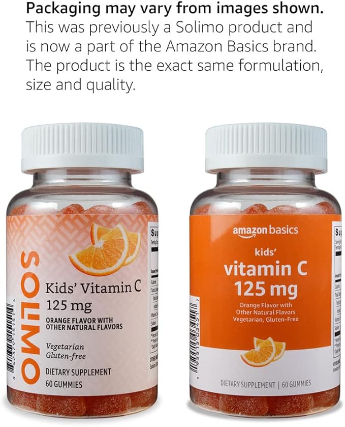 Amazon Basics Kids' Vitamin C 125mg Gummies, Orange Flavor, Soft Chew, 60 Count, Immune Health, Vegetarian, 2 Month Supply (Previously Solimo)