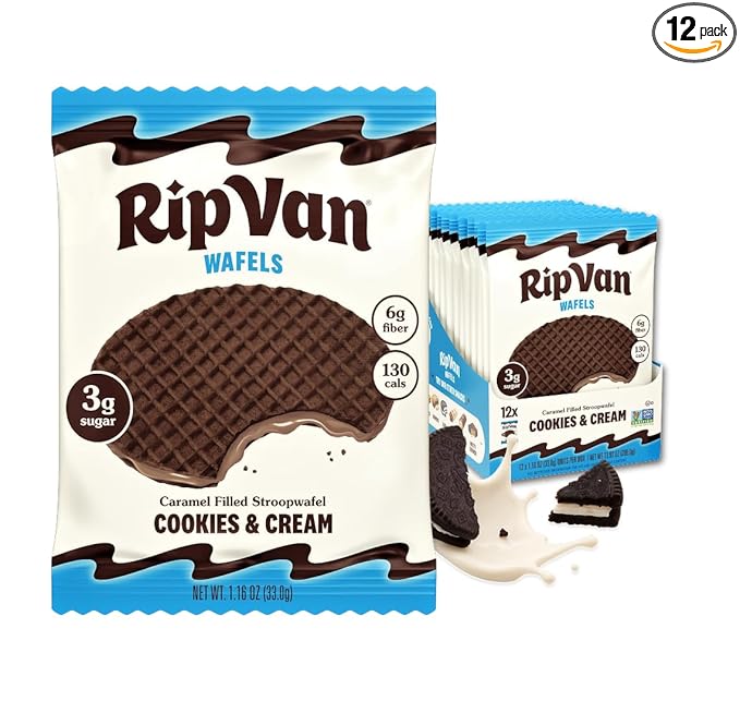 Rip Van Wafels Cookies & Cream Stroopwafels - Healthy Snacks - Non GMO Snack - Keto Friendly - Office Snacks - Low Sugar (3g) - Low Calorie Snack - 12 Count