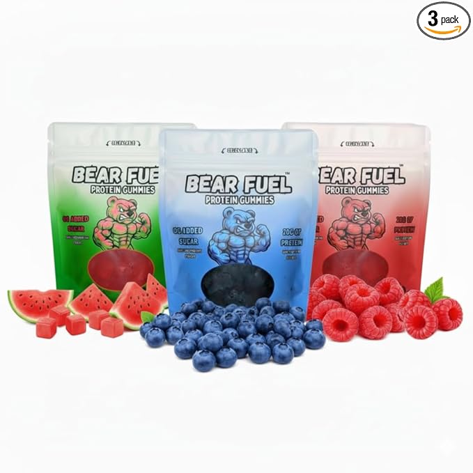 Bear Fuel Protein Gummies – 20g Protein Candy Snack – High Protein, Zero Sugar, Naturally Sweetened Gummy Bears – Fruit Variety (3, Variety)