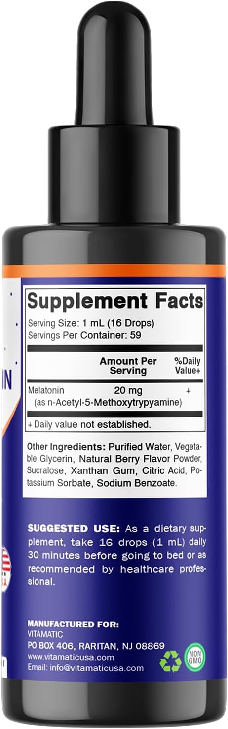 Vitamatic 2-Pack Melatonin 20mg Liquid Drops - 2 fl oz (59 ml) Each - Natural Berry Flavor - Non-GMO, Vegetarian Supplement for Adults