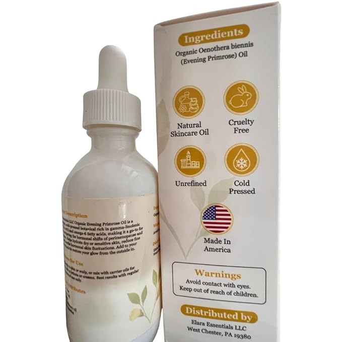 Organic Evening Primrose Oil – Cold-Pressed 100% Pure Botanical – Hydrating Face, Skin & Hair Oil Rich in GLA & Omega-6 for Menopause & Perimenopause Support – 2oz