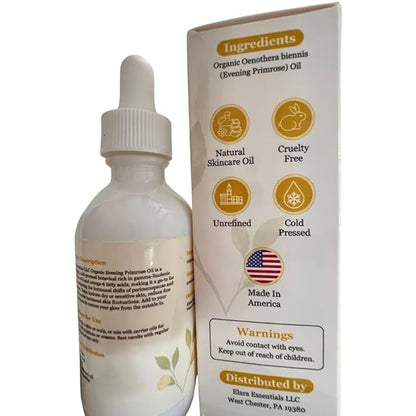 Organic Evening Primrose Oil – Cold-Pressed 100% Pure Botanical – Hydrating Face, Skin & Hair Oil Rich in GLA & Omega-6 for Menopause & Perimenopause Support – 2oz