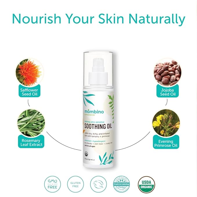 Mambino Organics Soothing Baby Oil, Organic Unscented Body Oil with Jojoba, Evening Primrose, Hydrates Dry, Itchy Skin, Gentle for Babies, Kids, Vegan, Baby Care Products, 5 fl oz