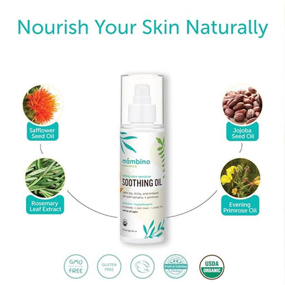 Mambino Organics Soothing Baby Oil, Organic Unscented Body Oil with Jojoba, Evening Primrose, Hydrates Dry, Itchy Skin, Gentle for Babies, Kids, Vegan, Baby Care Products, 5 fl oz