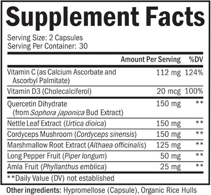 Respiratory & Immune Lung Support Supplement with Quercetin, Vitamin D & Cordyceps, Helps Soothe Respiratory Tissues While Loosening Mucus, Lung Health Vitamins for Women & Men, 60 Capsules