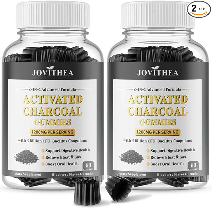 2 Pack Activated Charcoal Gummies 1200mg, with Organic Coconut Shell Charcoal & 2 Billion Probiotics, Natural Gas & Bloating Relief, Digestive Support, Non-GMO, Vegan, Gluten Free,Blueberry Flav,120Ct