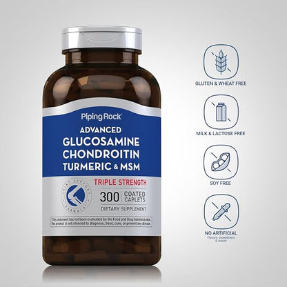 Piping Rock Glucosamine Chondroitin MSM Turmeric | 300 Caplets | Advanced Triple Strength Supplement | Non-GMO & Gluten Free