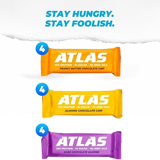 Atlas Real Food Protein Bar – 20g Clean Protein, 1g Sugar, No Seed Oils, No Artificial Sweeteners (Variety, 12 Count)