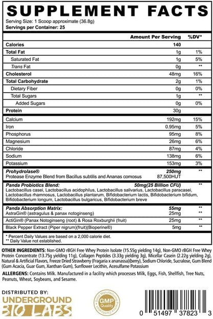 Underground Bio Labs Panda Fuel Premium Protein Whey,Hydrolyzed Collagen,Casein,Probiotics, Enzymes, Keto Friendly,Time Release, 25 Servings (2.5 Pound, Strawberries & Cream)