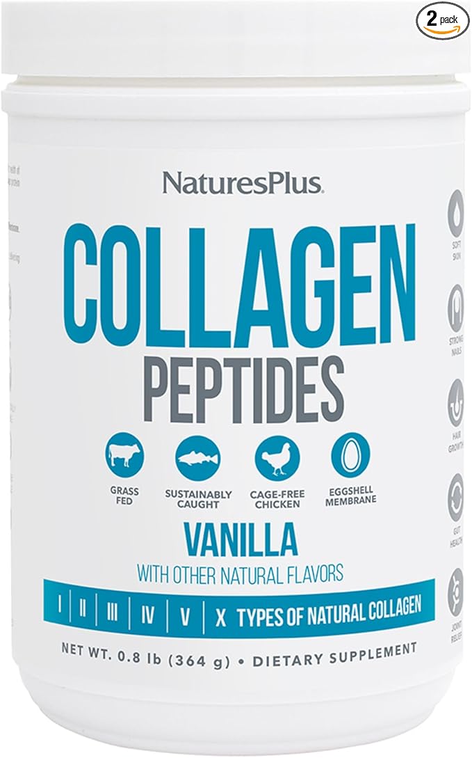NaturesPlus Collagen Peptides, Vanilla - 0.8 lb Powder, Pack of 2 - Hair, Skin, Nail & Joint Health, Immune System Support - Non-GMO, Gluten Free - 28 Total Servings