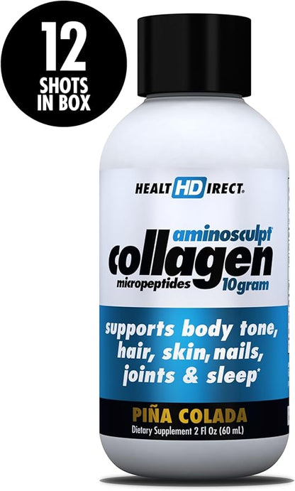 HEALTH DIRECT – Medical-Grade Liquid Collagen Shots – AminoSculpt Sugar-Free – Piña Colada – 12 Servings, (12pk, 2oz Shots) – Good for Joints, Bones, & Sleep – Better Hair, Skin & Nails