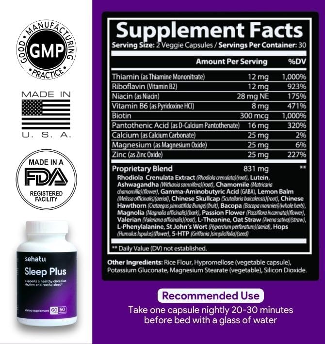 Sleep Plus Supplement | with Melatonin, GABA, Ashwagandha, 5-HTP | for Men and Women Seeking a Healthy Sleep-Wake Schedule and A Relaxed Mood | 60 Count | 60 Day Supply