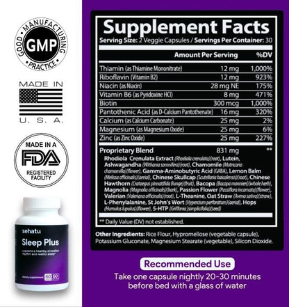 Sleep Plus Supplement | with Melatonin, GABA, Ashwagandha, 5-HTP | for Men and Women Seeking a Healthy Sleep-Wake Schedule and A Relaxed Mood | 60 Count | 60 Day Supply
