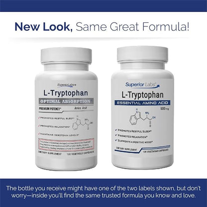Superior Labs L-Tryptophan 500 mg Capsules, Pure Non-GMO Amino Acid, High Absorption, Supports Sleep and Mood, Helps with Occasional Stress, PMS Support, 120 Veg Caps