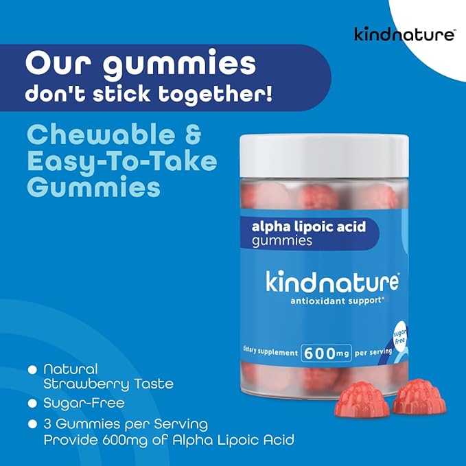 kindnature Alpha Lipoic Acid Gummies 600mg – Neuropathy Supplements – ALA for Nerve Comfort & Antioxidant Support – Sugar-Free, Vegan, Non-GMO – 90 Gummies