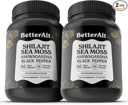 Better Alt Shilajit Sea Moss Capsules Pack of 2 with Ashwagandha & Black Pepper Extract with 85+ Essential Minerals & Antioxidants| Boosts Energy & Metabolism - 120 Servings, 240 Capsules