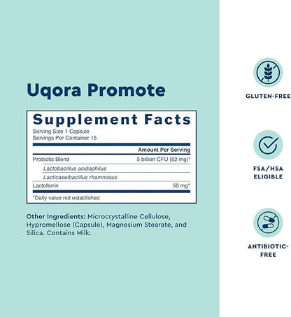 Uqora Promote - Support Vaginal Health* - Probiotic for Women with Lactoferrin, Lactobacillus Acidophilus & Lacticaseibacillus Rhamnosus - Vaginal Probiotics - Gluten-Free - 30 Capsules (2 Pack)