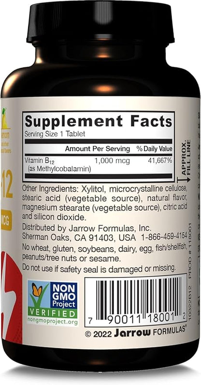 Jarrow Formulas Methyl Vitamin B-12 1000 mcg, 100 Chewable Tablets, Lemon Flavored- Vitamin B12 - Supports Cellular Energy Production, Brain Health & Metabolism - 100 Servings (Pack of 2)