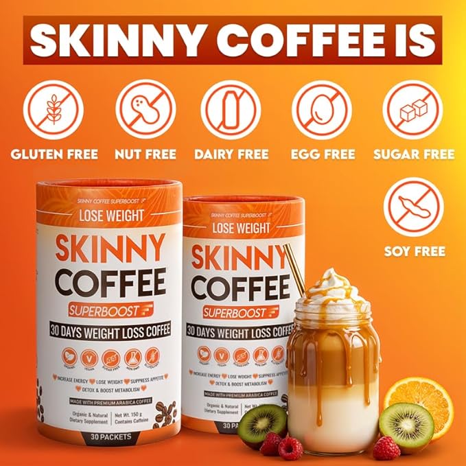 Skinny Coffee Super Boost Weight Loss Coffee, Belly Fat Burner for Women & Men, Sugar-Free Keto Vegan, Reduces Bloating, Supports Energy & Metabolism, Appetite & Cravings Control (60 Servings)