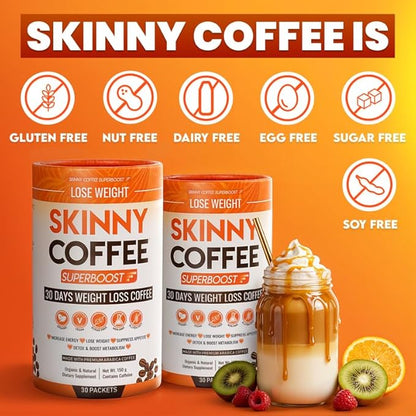 Skinny Coffee Super Boost Weight Loss Coffee, Belly Fat Burner for Women & Men, Sugar-Free Keto Vegan, Reduces Bloating, Supports Energy & Metabolism, Appetite & Cravings Control (90 Servings)