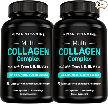 Vital Vitamins Multi Collagen Capsules (2-Pack) - Type I, II, III, V, X - Grass-Fed, Collagen Peptides Supplements, Non-GMO - for Men & Women