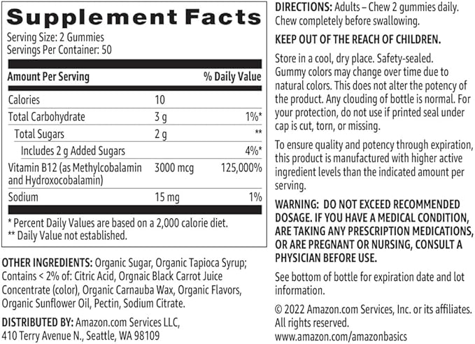 Amazon Basics Vitamin B12 3000 mcg, Normal Energy Production and Metabolism, Immune System Support, 100 Gummies (2 per serving), Pack of 2, Raspberry (Previously Solimo)